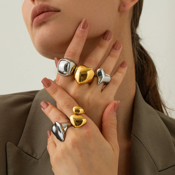 Wholesale Women's Stainless Steel Exaggerated Spherical Ring With Geometric Design And 18K Gold Electroplating Fashion Personality Trendy Jewelry