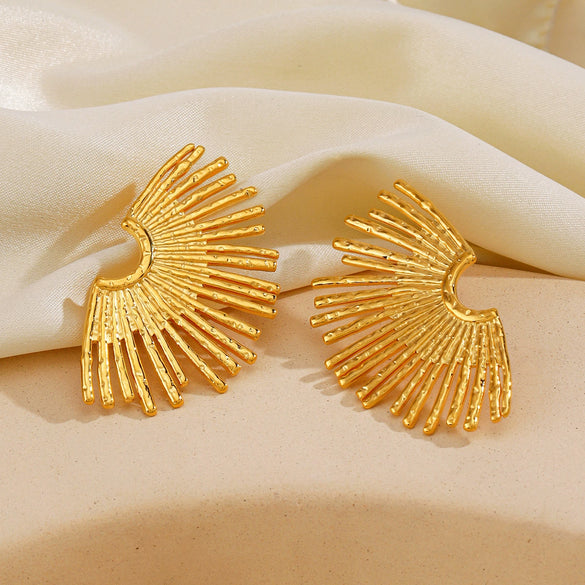 Wholesale Women's Stainless Steel Fan Earrings 18K Gold Plated With Exaggerated Style