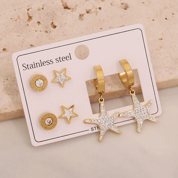 Wholesale Women's Stainless Steel Fashion Earrings With Star And Heart Shape Patterns Electroplated
