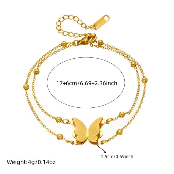 Wholesale Women's Stainless Steel Fashion Insect Carved Doublelayer Ball Chain Bracelet With Electroplating