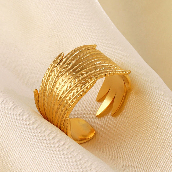 Wholesale Women's Stainless Steel Feather Opening Adjustable Ring 18K Gold Plated