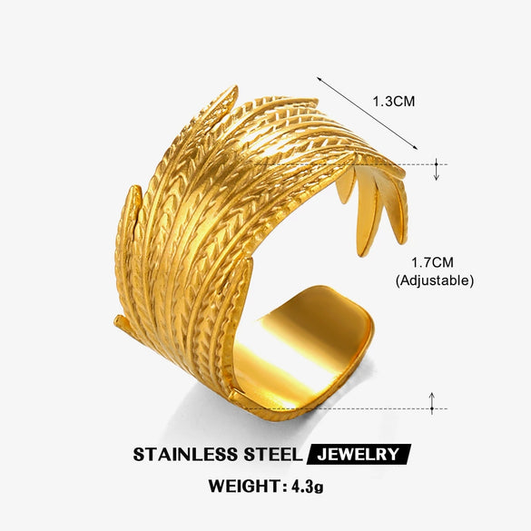 Wholesale Women's Stainless Steel Feather Opening Adjustable Ring 18K Gold Plated