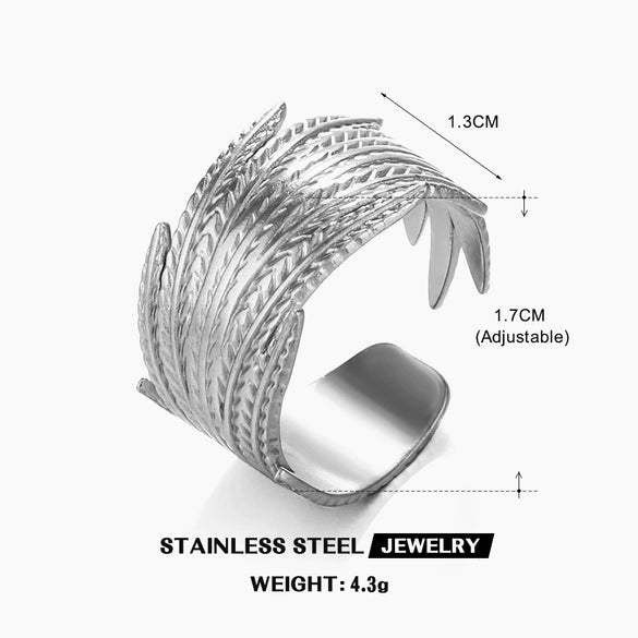 Wholesale Women's Stainless Steel Feather Opening Adjustable Ring 18K Gold Plated