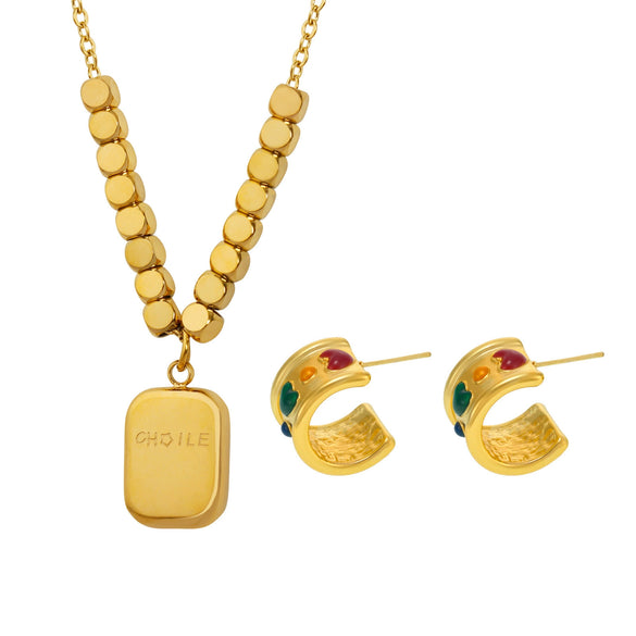 Wholesale Women's Stainless Steel Ferris Wheel Cshaped Love Square Card Lettering Pendant Necklace And Earrings Electroplated Combination Suit