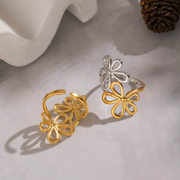 Wholesale Women's Stainless Steel Floral Open Ring With Vacuum Real Gold Plating In Pvd Furnace Artistic Retro Style
