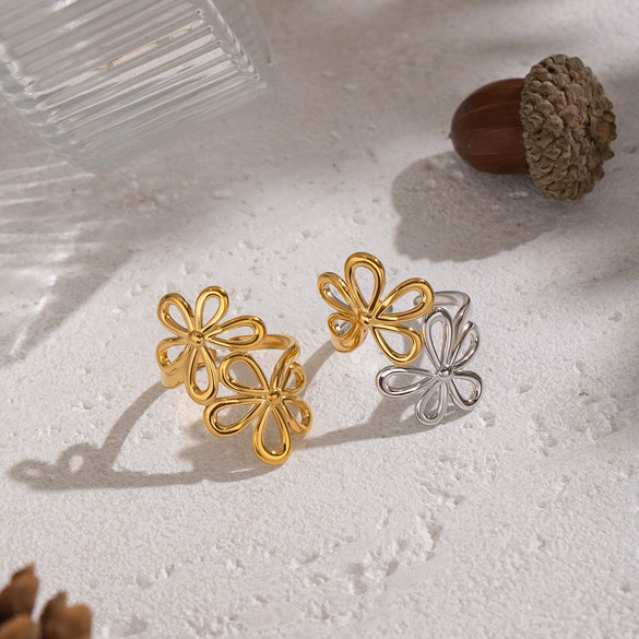 Wholesale Women's Stainless Steel Floral Open Ring With Vacuum Real Gold Plating In Pvd Furnace Artistic Retro Style