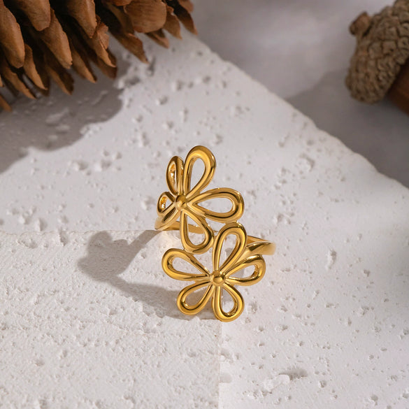 Wholesale Women's Stainless Steel Floral Open Ring With Vacuum Real Gold Plating In Pvd Furnace Artistic Retro Style