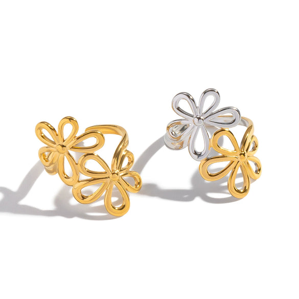 Wholesale Women's Stainless Steel Floral Open Ring With Vacuum Real Gold Plating In Pvd Furnace Artistic Retro Style