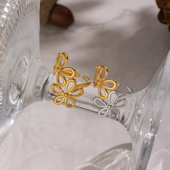 Wholesale Women's Stainless Steel Floral Open Ring With Vacuum Real Gold Plating In Pvd Furnace Artistic Retro Style