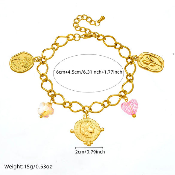 Wholesale Women's Stainless Steel Flower Patterned Pendant Bracelet With Electroplating Fashion Design