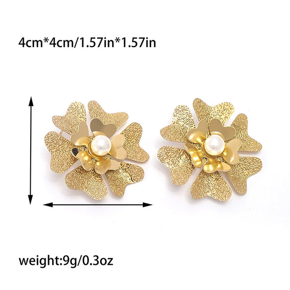 Wholesale Women's Stainless Steel Flower Tassel Pearl Earrings With Electroplating