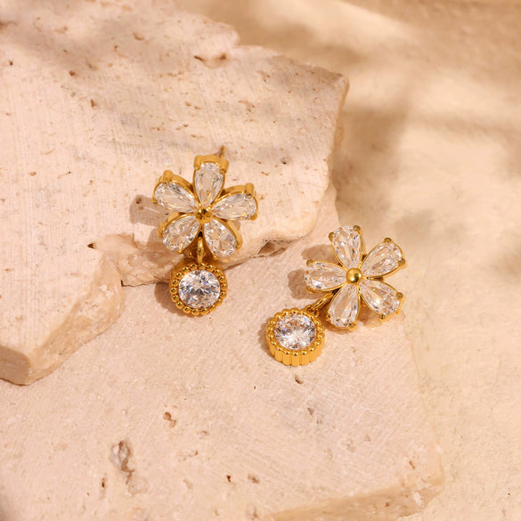 Wholesale Women's 316L Stainless Steel Flower Zircon Stud Earrings With 18K Real Gold Electroplated Light Luxury Niche Style