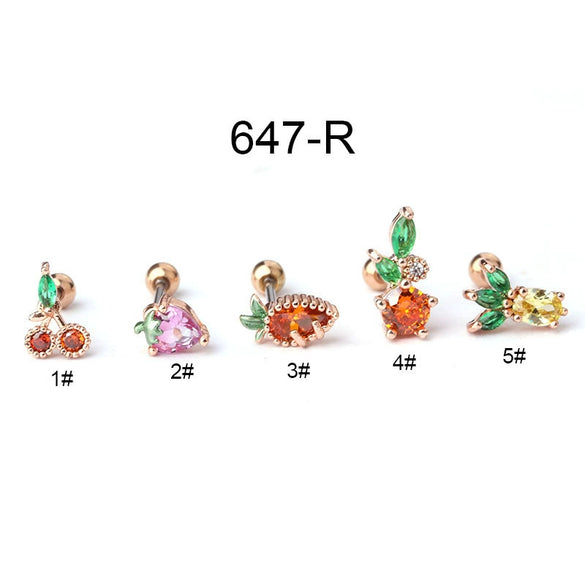 Wholesale Women's Stainless Steel Fruit Shaped Creative Colorful Zircon Stud Earrings With Electroplating Treatment