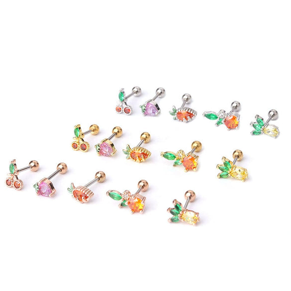Wholesale Women's Stainless Steel Fruit Shaped Creative Colorful Zircon Stud Earrings With Electroplating Treatment