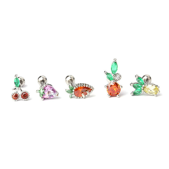 Wholesale Women's Stainless Steel Fruit Shaped Creative Colorful Zircon Stud Earrings With Electroplating Treatment