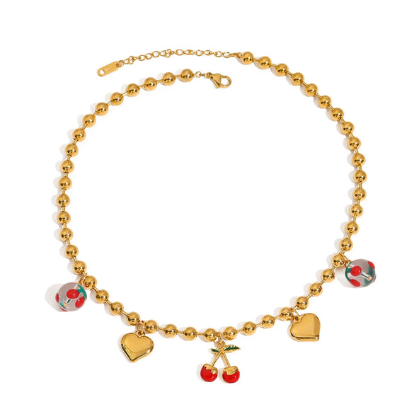 Wholesale Women's Stainless Steel Fruit Shaped Necklace Bracelet And Cherry Earrings With Electroplating