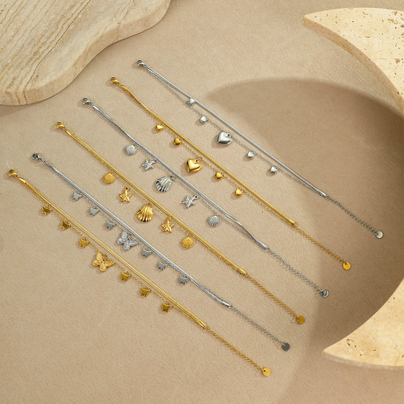 Wholesale Women's Stainless Steel Geometric Anklets With Starfish Shells And Heart Design