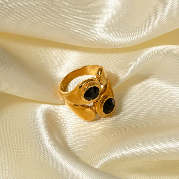 Wholesale Women's Stainless Steel Geometric Asymmetric Zircon Inlaid Ring 18K Gold Electroplated Nonfading Jewelry