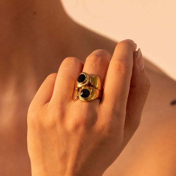 Wholesale Women's Stainless Steel Geometric Asymmetric Zircon Inlaid Ring 18K Gold Electroplated Nonfading Jewelry