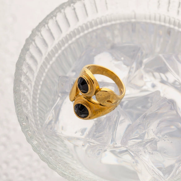Wholesale Women's Stainless Steel Geometric Asymmetric Zircon Inlaid Ring 18K Gold Electroplated Nonfading Jewelry