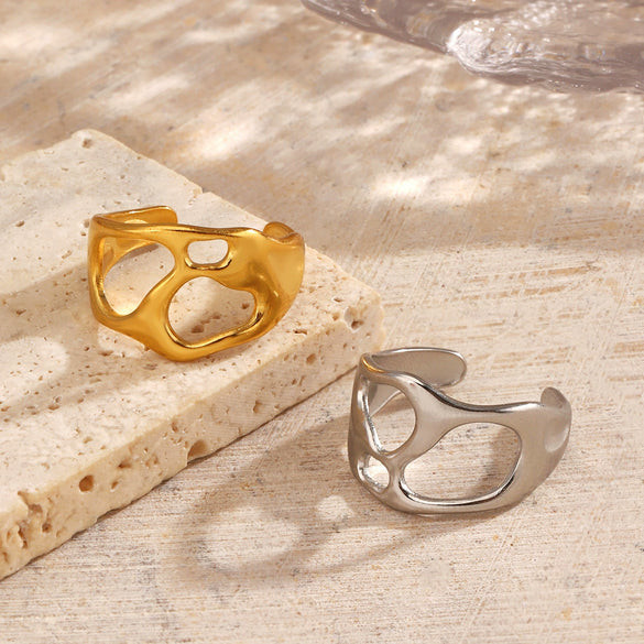 Wholesale Women's Stainless Steel Geometric Asymmetrical Specialshaped Open Ring 18K Goldplated