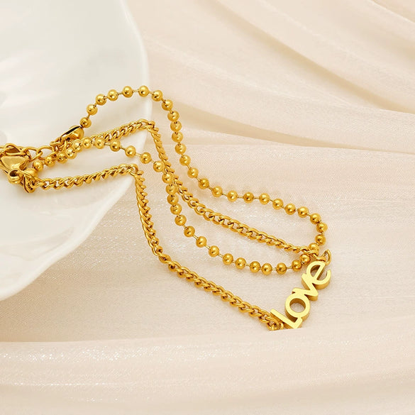 Wholesale Women's Stainless Steel Geometric Bead Bracelet With Love Pendant And Electroplating Design