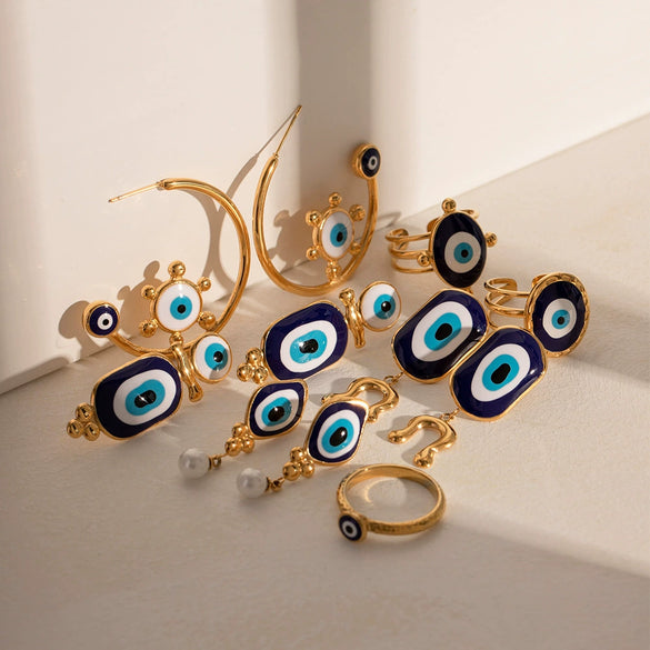 Wholesale Women's Stainless Steel Geometric Blue Eye Pendant Earrings With Electroplating Treatment