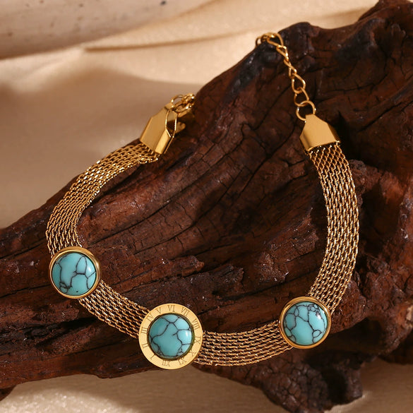 Wholesale Women's Stainless Steel Geometric Braided Mesh Chain Bracelet Electroplated With Blue Turquoise