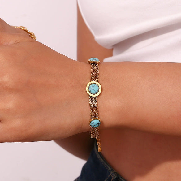 Wholesale Women's Stainless Steel Geometric Braided Mesh Chain Bracelet Electroplated With Blue Turquoise