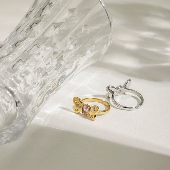 Wholesale Women's Stainless Steel Geometric Butterfly Open Ring Electroplated Sweet Romantic Style