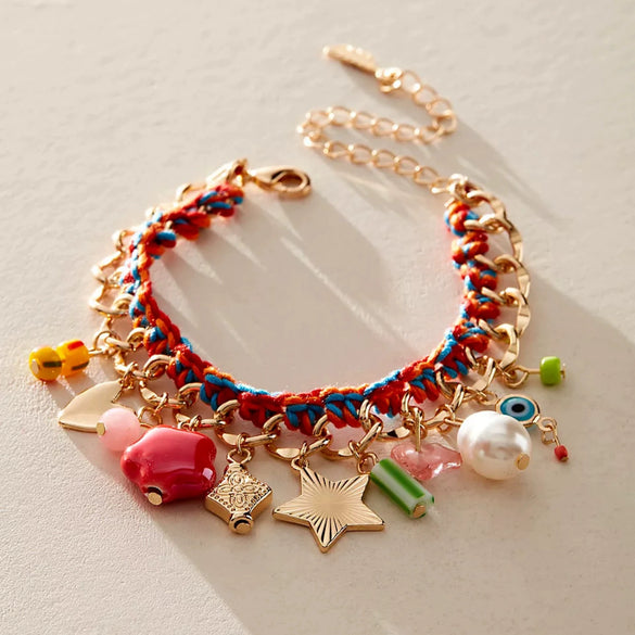 Wholesale Women's Stainless Steel Geometric Christmas Braided Bracelet With Eightpointed Star Moon Pearl Pendant And Electroplated Double Buckle Chain
