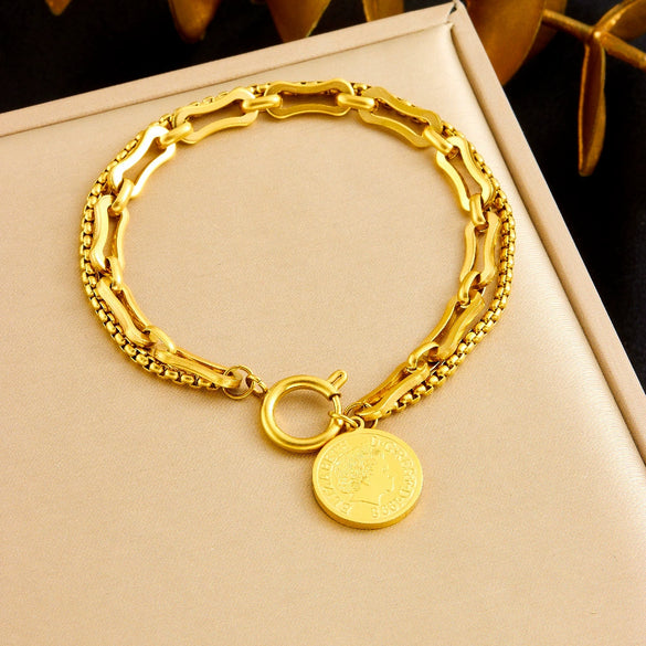 Wholesale Women's Stainless Steel Geometric Coin Pendant Bracelet With Electroplating