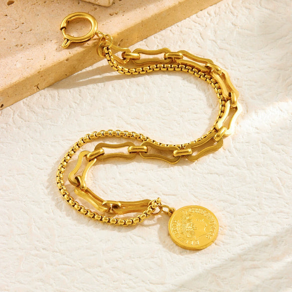 Wholesale Women's Stainless Steel Geometric Coin Pendant Bracelet With Electroplating