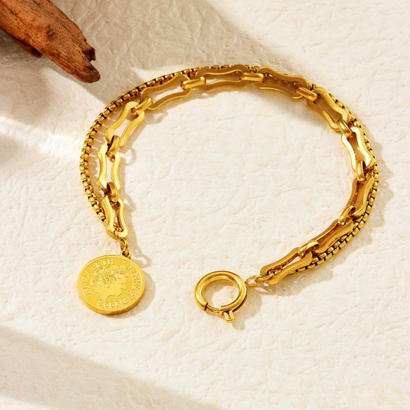 Wholesale Women's Stainless Steel Geometric Coin Pendant Bracelet With Electroplating
