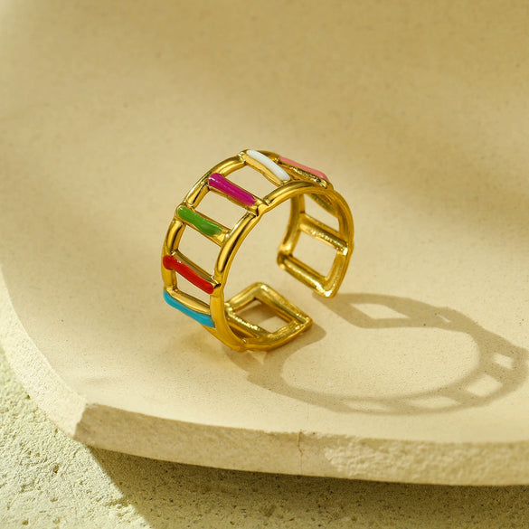 Wholesale Women's Stainless Steel Geometric Colorful Oil Dripping Light Luxury Style Ring 18K Goldplated