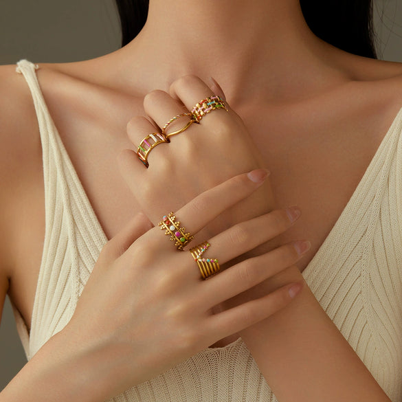 Wholesale Women's Stainless Steel Geometric Colorful Oil Dripping Light Luxury Style Ring 18K Goldplated