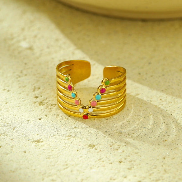 Wholesale Women's Stainless Steel Geometric Colorful Oil Dripping Light Luxury Style Ring 18K Goldplated