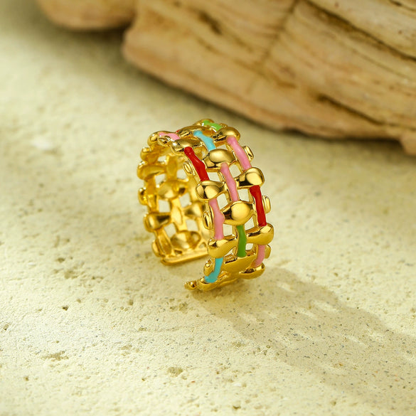 Wholesale Women's Stainless Steel Geometric Colorful Oil Dripping Light Luxury Style Ring 18K Goldplated