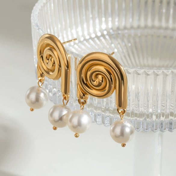 Wholesale Women's Stainless Steel Geometric Conch Imitation Pearl Pendant Earrings With Electroplating And Glossy Surface