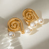 Wholesale Women's Stainless Steel Geometric Conch Imitation Pearl Pendant Earrings With Electroplating And Glossy Surface
