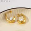 Wholesale Women's Stainless Steel Geometric Crescent Hook Pearl Earrings With Electroplating Treatment