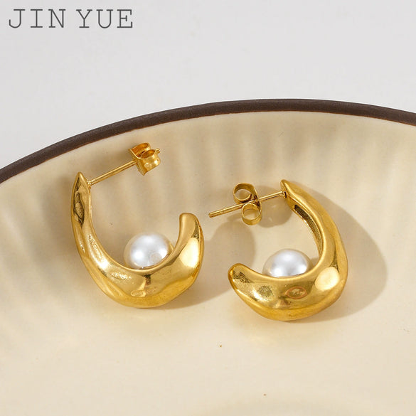 Wholesale Women's Stainless Steel Geometric Crescent Hook Pearl Earrings With Electroplating Treatment