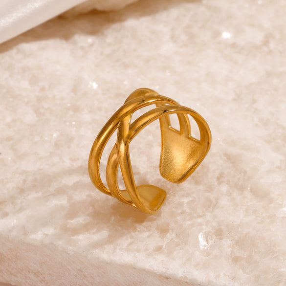 Wholesale Women's Stainless Steel Geometric Cross Opening Adjustment Ring With Electroplating