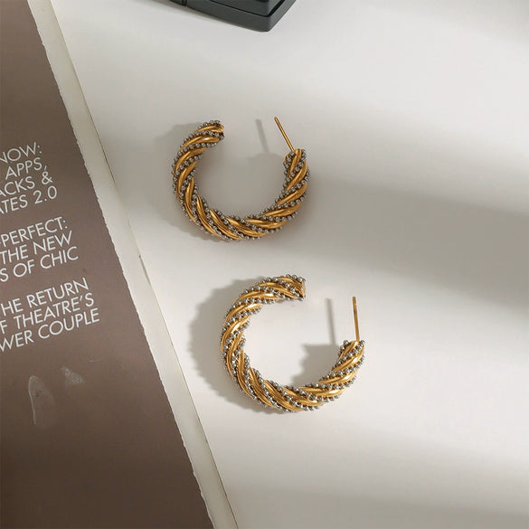Wholesale Women's Stainless Steel Geometric Cshaped Ball Twist Ins Earrings With Gold And Silver Color Matching And Electroplating Treatment