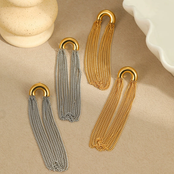 Wholesale Women's Stainless Steel Geometric Curved Chain Long Tassel Earrings With Electroplating Design