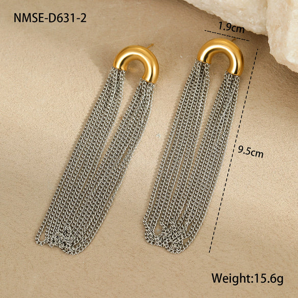 Wholesale Women's Stainless Steel Geometric Curved Chain Long Tassel Earrings With Electroplating Design