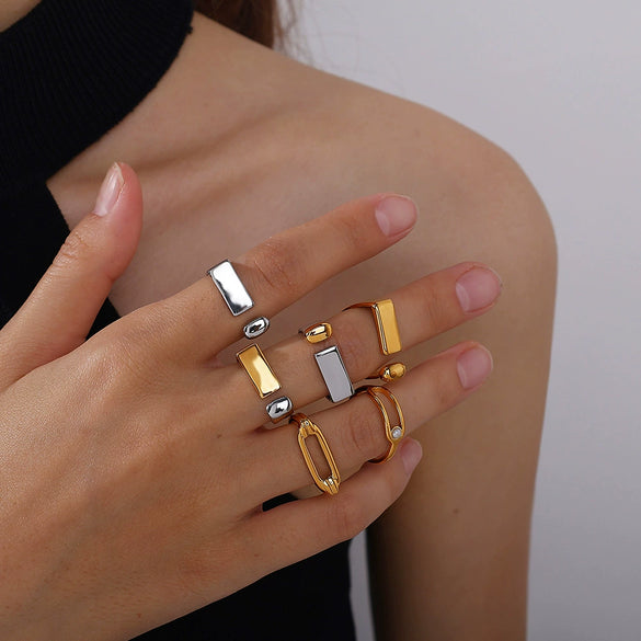 Wholesale Women's 316L Stainless Steel Geometric Doublelayer Ring Set With Electroplating Design