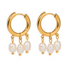 Wholesale Women's Stainless Steel Geometric Earrings With Three White Freshwater Pearls And Electroplating Treatment