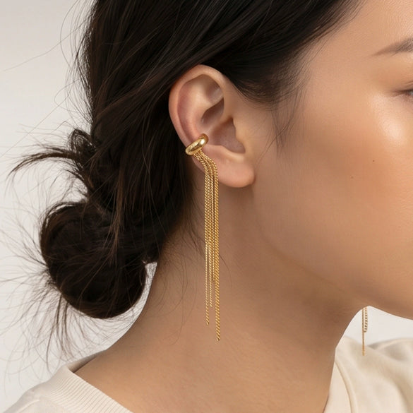 Wholesale Women's Stainless Steel Geometric Electroplated Nonpierced Multichain Tassel Ear Clips