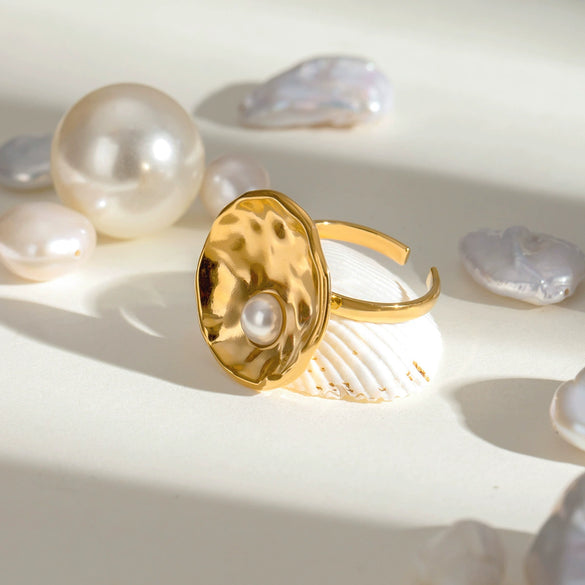 Wholesale Women's Stainless Steel Geometric Exaggerated Hammer Pearl Open Ring 18K Gold Plated